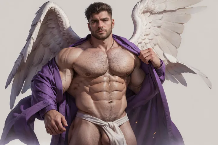 ( masterpiece) Reference sketch of an angel..,  Mythological angel,  His physical appearance is often described as that of a strong person,    muscular build   ,   25 years,   with angel wings, cabello castaño, ((chest hair++))  wearing purple clothes ,   ...