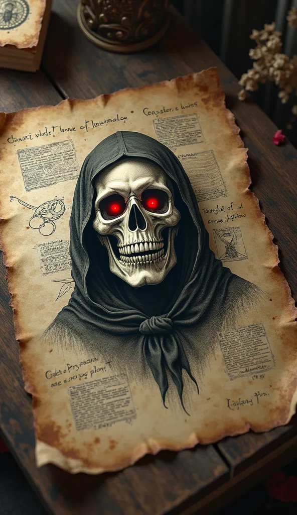 An ancient parchment on a wooden table, with a drawing of a man with a skull mask, red eyes and secret notes about his possible identity.