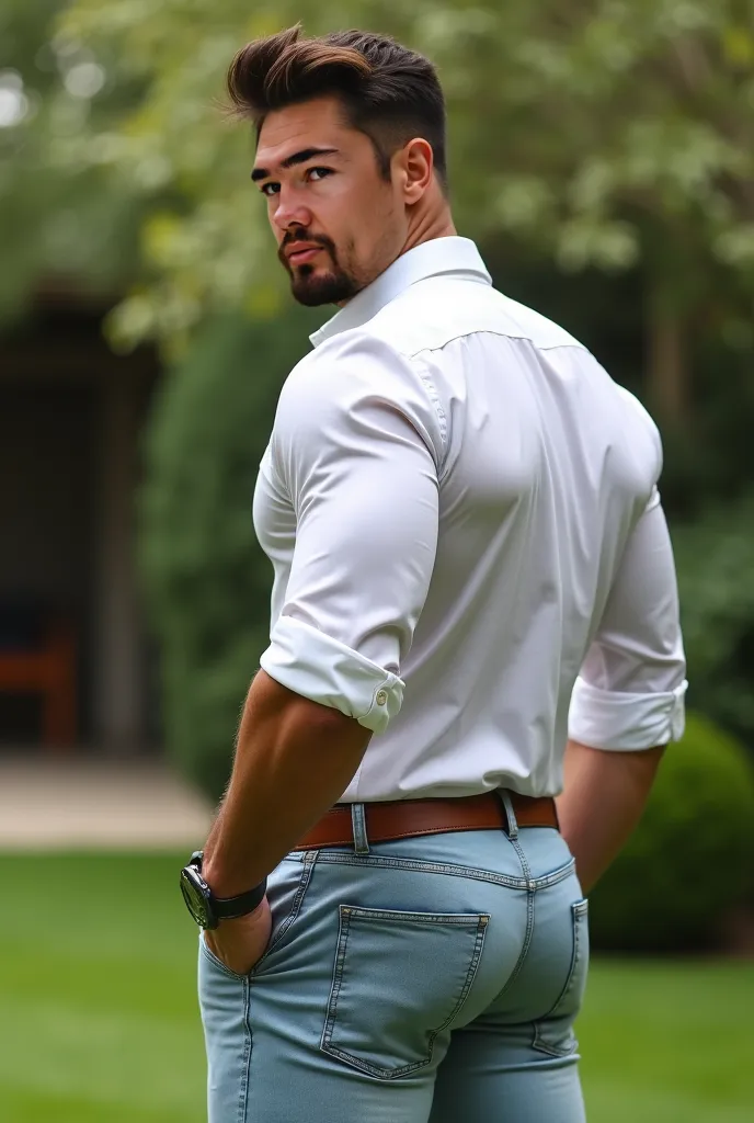 realistic photograph, 35-year-old muscular (((athletic man))) , , view From below, nalgon from the back, stripe white formal shirt and very tight pale blue jeans , brown belt, in profile, Big butt, viendo a cámara, black eyes, in the yard, sexy man, very b...