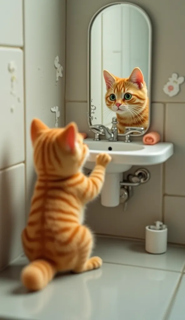 The cute cat, with a striped orange coat and light green eyes, Do you trip and break the realistic miniature bathroom mirror. The surrounding environment is a realistic bathroom, with a miniature sink, small mirror and small towels.  realistic cinematic im...