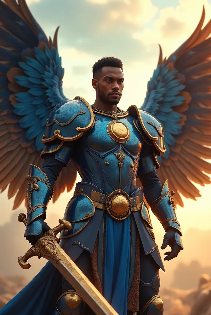 A very handsome brown man with his 4 huge wings, Your large wings full of feathers with the colors of your fierce armor in totally blue armor ,short hair wearing a large golden circle symbol on her chest, wielding a great fiery sword, dynamic battle-ready ...