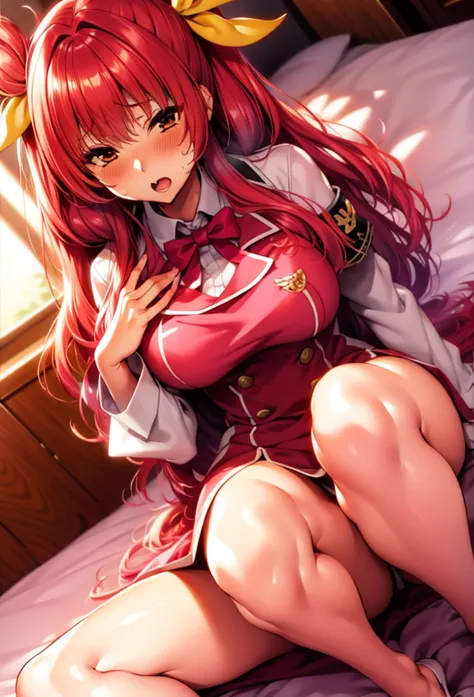 blush,,pink red hair,two sides up,big breasts,open-mouth,blush,, yellow headband, shiny body,shiny skin,sweat,in bed,school uniform,Sitting