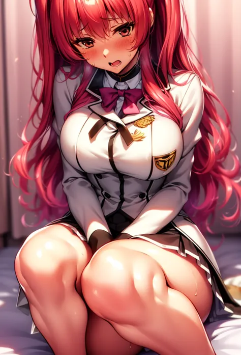 blush,,pink red hair,two sides up,big breasts,open-mouth,blush,, yellow headband, shiny body,shiny skin,sweat,in bed,school uniform,Sitting