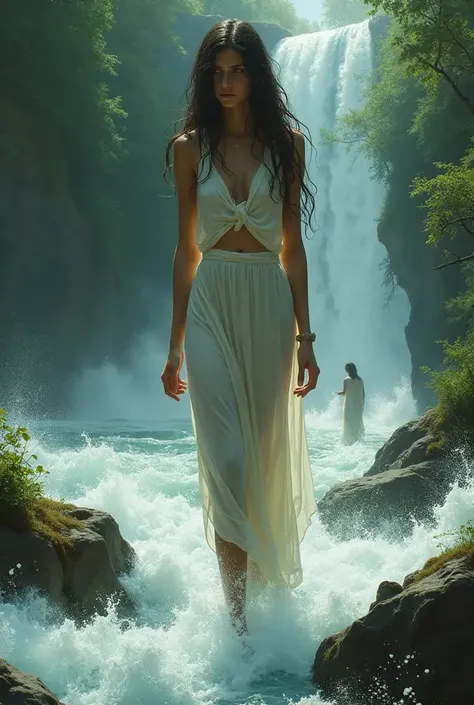 A girl inside a hot valley filled with water with people next to her