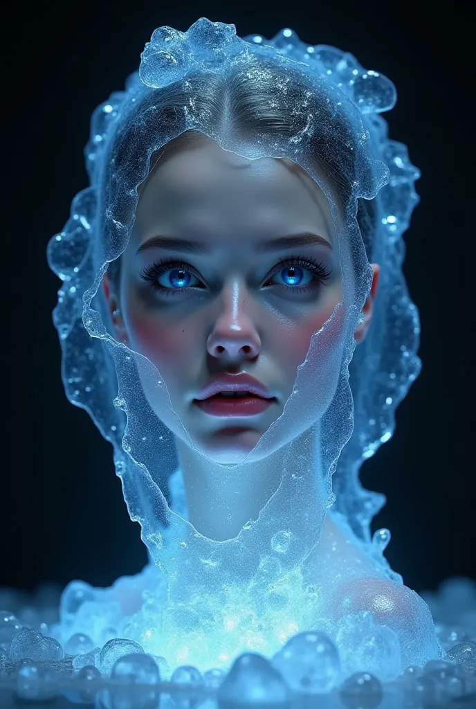 A women face in ice with blue eyes, black background