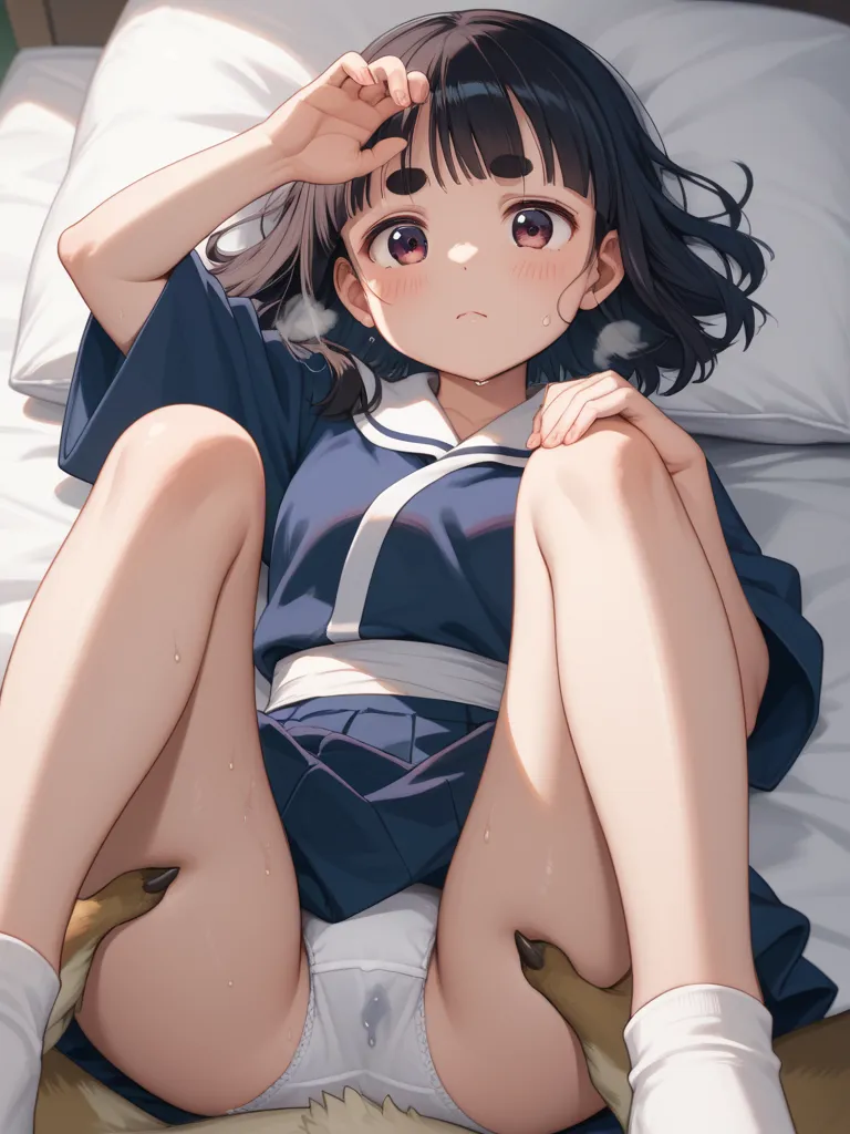 kawaii anime , petit girl , round eyebrows , round face , Single eyelid , bold pose , ochichi , breast , omochi , silky skin , komachi , Japanese beauty , erotica , lying back on the bed , knees up , close legs , hand on crotch over skirt , grab knees by s...