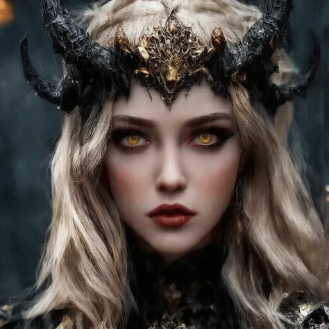 Hyperrealism fantasy, hyper-realistic photography, a **realistic close-up portrait** of **(Lahrina, Duchess of the Underworld:1.5)**, a **(21-year-old, fair-skinned, gorgeous female night demon:1.3)**.  

**(Black horns with intricate golden veins:1.3)** r...