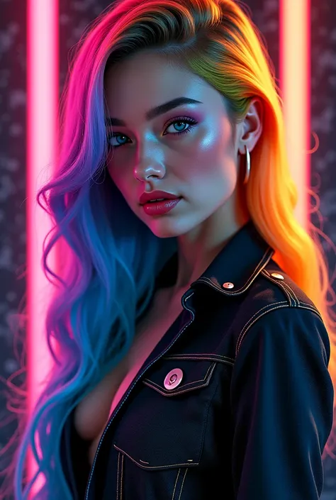 Here’s a prompt you can use for an image generator to create a similar style of artwork:Prompt:"A stunning, hyper-realistic portrait of a  woman with piercing blue eyes and long, flowing hair dyed in a neon rainbow gradient, including shades of pink, blue,...