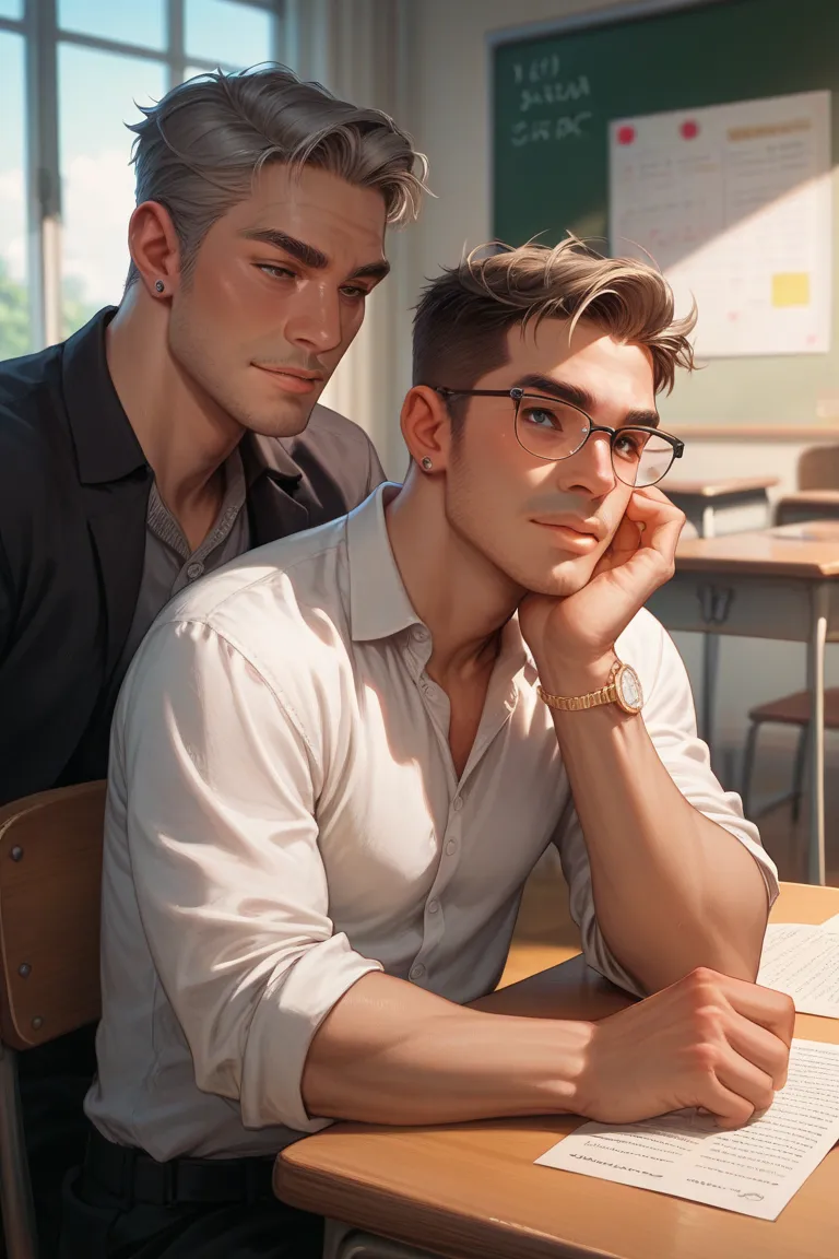 An 18-year-old girl with brown hair, innocent face, is in a classroom, Stylish sitting behind the table.. On the other side is your father, a man with gray hair and glasses .