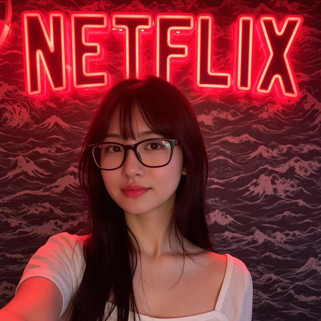 Amateur, on her creative text large neon red light reading "Netflix" . a first-person perspective of a woman taking a selfie for Instagram ,  against a wall with a wave pattern  ,  without makeup,  a slight smile with a slightly open mouth, She has long bl...