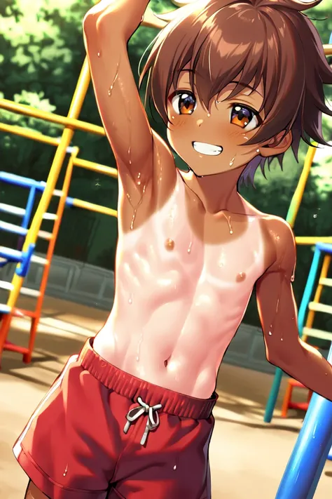 1boy, shota, slender dainty body, brown eyes, long eyelashes, short brown messy hair, bangs, cute, grin, tanned skin, armpits, sweaty, soft tanlines, red shorts, playground, hanging, 