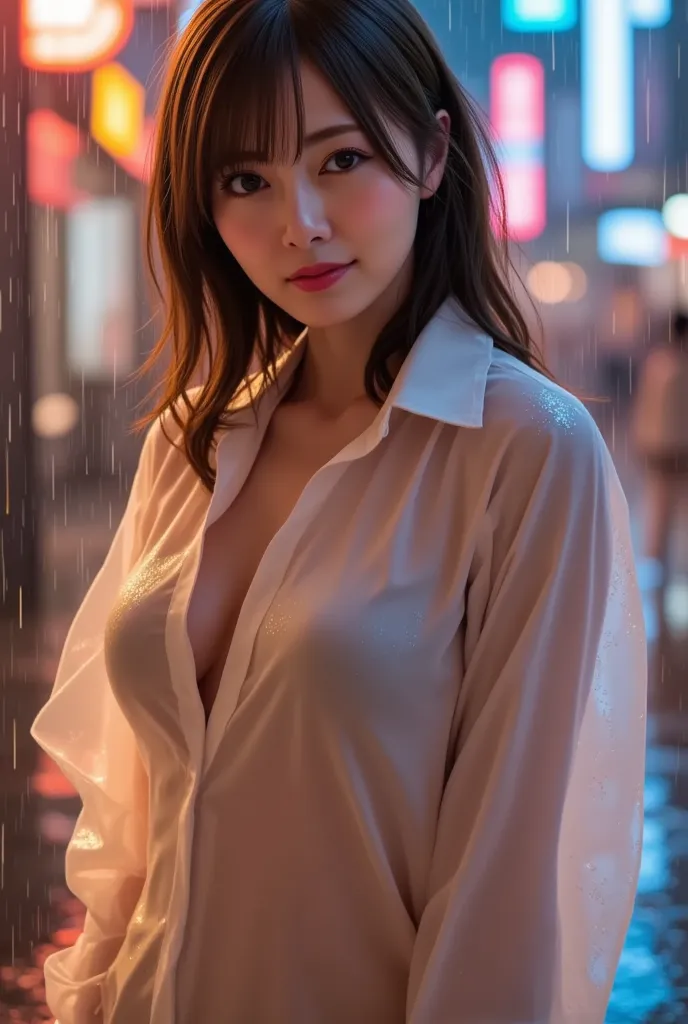 japanese girl, wet shirt, see-through, rain, embarrassed, detailed, NSFW