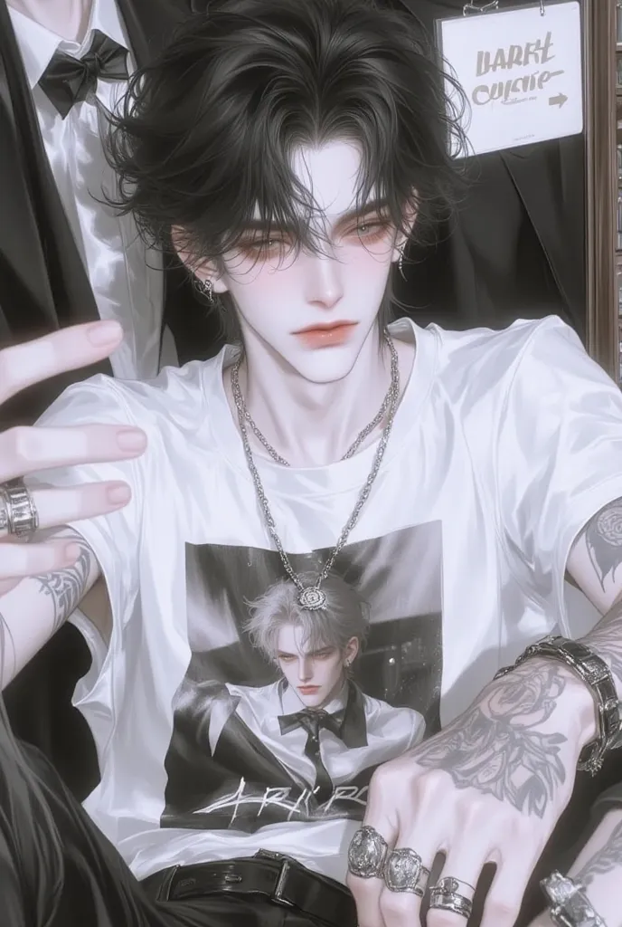 Anime boy with shaggy hair taking a selfie. He's wearing a white graphic t-shirt and accessorized with several rings, a chain necklace, and earrings. His arm is visible with tattoos, and he has an intense expression. The background features part of a sign ...