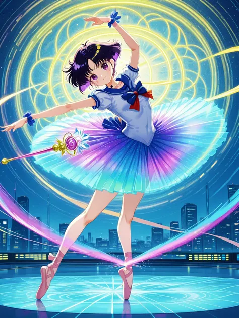 (Japanese cel-shading:1.5), (digital watercolor FX:1.4), hino rei, (Ballet Pose:1.4), (sailor-tech tutu:1.6), (holographic dance pose:1.7), dopamine blue-purple scheme:1.8, Mercury Computer scepter:1.5, (dataflow iris pattern:1.3), liquid crystal stage:1.4...