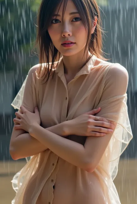 wet shirt, see-through, rain, embarrassed, detailed, 