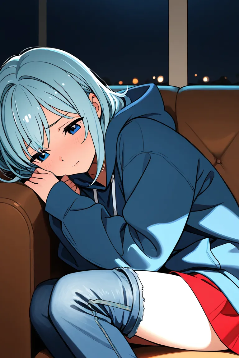 1girl, close up, white girl, light blue hair, blue eyes, shy, nervous, light blush, blue hoodie, jeans, red skirt, close up, sat down, couch, night time, soft lighting, homely background