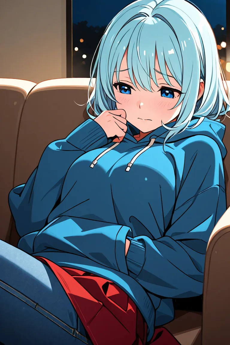 1girl, close up, white girl, light blue hair, blue eyes, shy, nervous, light blush, blue hoodie, jeans, red skirt, close up, sat down, couch, night time, soft lighting, homely background