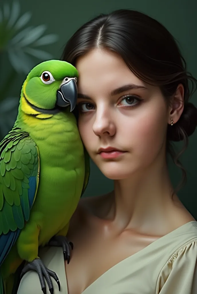 A beautiful girl and she will have a green parrot on her shoulder and big lips, blue eyes