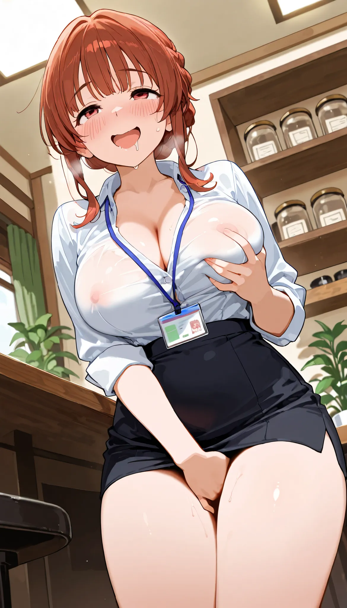 female (receptionist), push her breasts on a corner edge of a table, ecstasy, open mouth, drooling, blush, drooping eyes, shame smile, angle from below, closeup her face, in the café, put her breasts on the table for masturbation, grabbing breasts, see-thr...