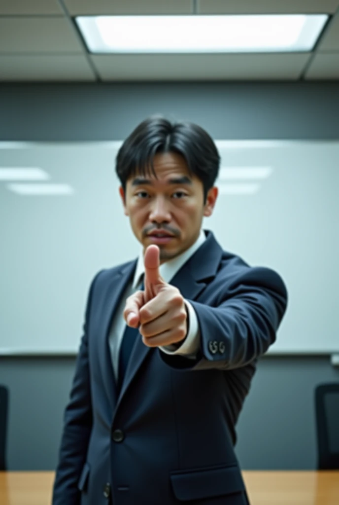 Japanese man(30th Generation)、Real photo style、Composition of pointing a finger in a conference room and blaming others。black hair short hair、in a suit。background is an office whiteboard。The fluorescent light source。High quality 8K。