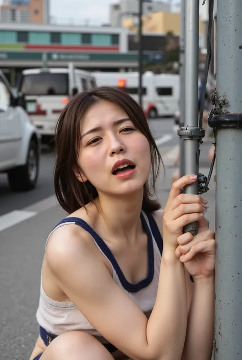 full shot, (grab and lean against a pole:1.5), ( top quality, masterpiece:1.2), highly detailed , high res, 8k Wallpaper, POV, top view, perfect dynamic composition, Biologically natural joints, biologically natural fingers, Real textured skin,white skin, ...