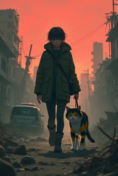 A character in a dark green jacket, in a post-apocalyptic Fallout-like world, Where is he accompanied by a female cat with black colors,  yellow and white ,  digital anime art