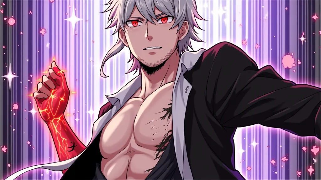 Anime-style illustration. A young man with silver-white disheveled long hair, a small beard, and bright red glowing eyes. He wears a black jacket over a tattered white shirt, exposing part of his chest. His left hand is overflowing with energy into a fist,...