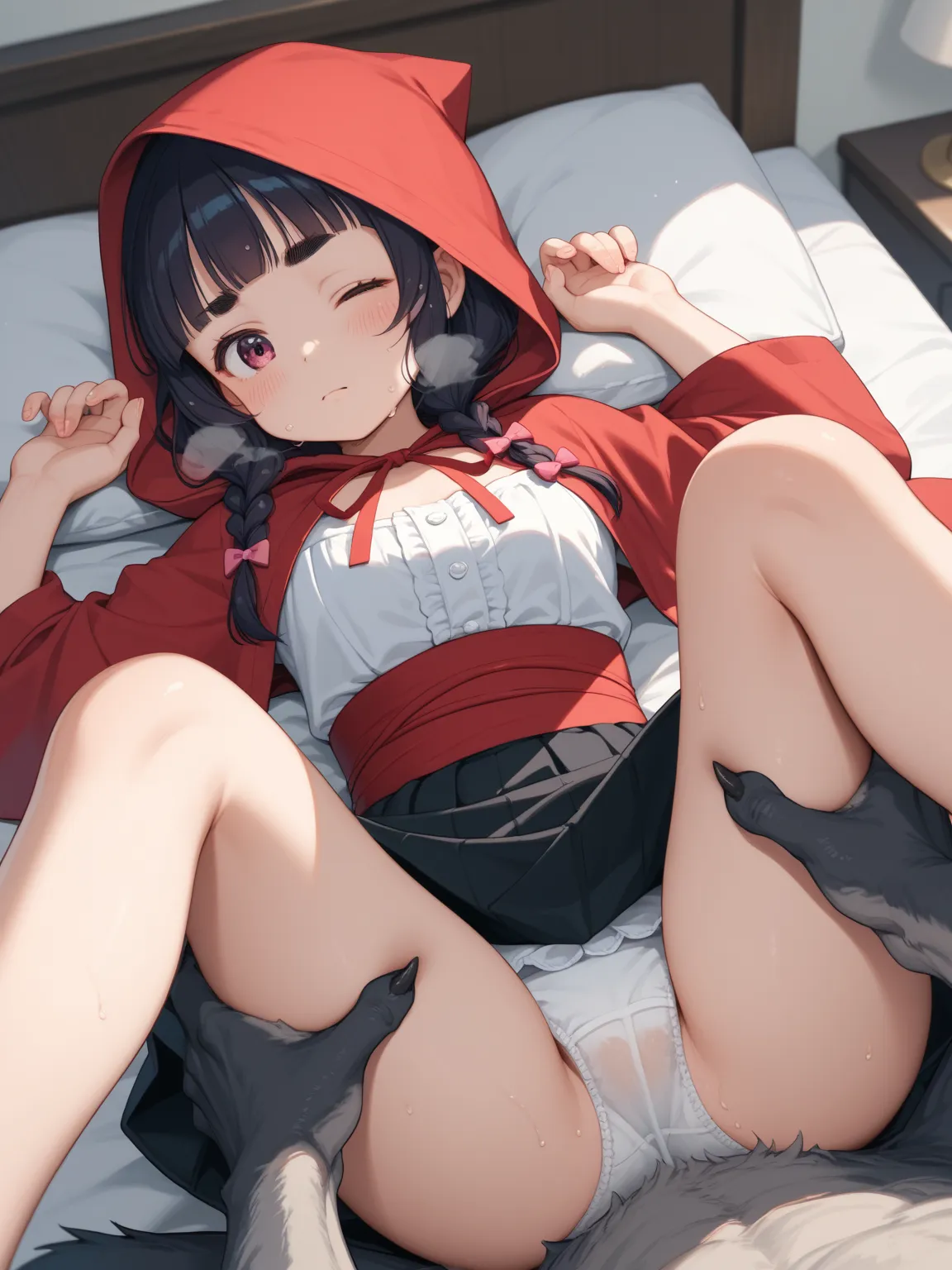 kawaii anime , petit girl , round eyebrows , round face , Single eyelid , bold pose , ochichi , breast , omochi , silky skin , komachi , Japanese beauty , erotica , lying back on the bed , knees up , close legs , hand on crotch over skirt , grab knees by s...