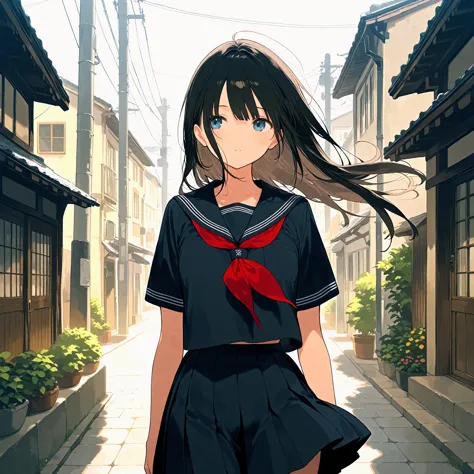 (masterpiece), (best quality), (ultra-detailed), artist:fujiyama, 1girl, route of a school, wind,
