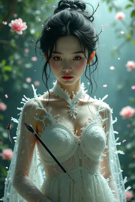 An sian girl with black demon hand, rod shaped like a rosebroken glass dress. Ethereal garden vibe