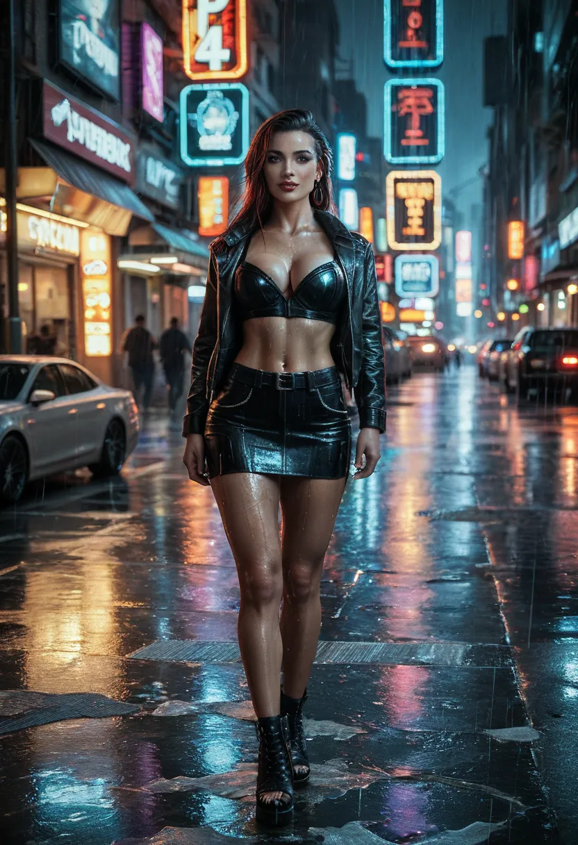 a sexy hooker with a very short skirt showing a thong, big perfect breasts almost uncovered, highly detailed, hyper realistic, intricate, octane render, 8k, dslr, dramatic lighting, cinematic, chiaroscuro, dark moody atmosphere, neon city backdrop, rainy n...