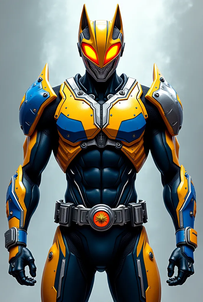 "Create a highly detailed Invincible-inspired suit of armor that incorporates elements from Kamen Rider Geats and fox motifs. The armor should have a sleek, futuristic design with a mix of metallic plating and flexible undersuit, built for agility and powe...