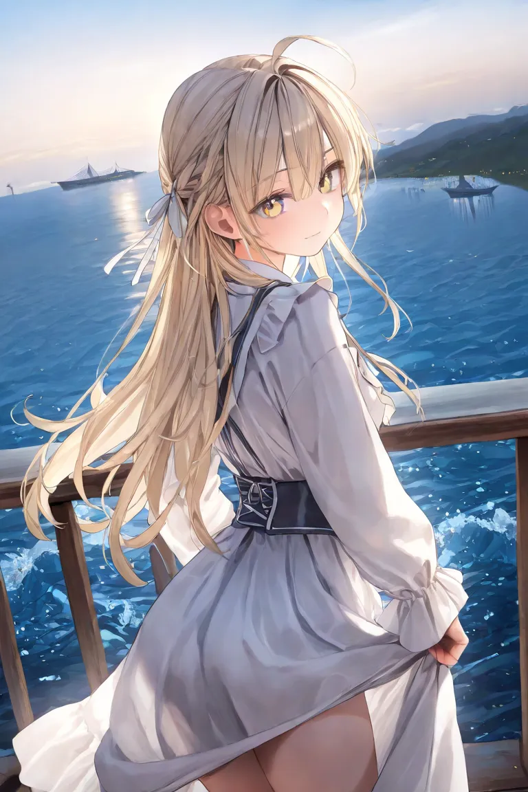 from behind, take your eyes off、 Landscape,Calm light in the daytime、Seaside、A young girl is looking at a ship in the distance、 kind atmosphere、Detailed Expressions and Clothing、Wavy Sea、countryside、Distant Townscape、High Resolution、Ultra fine、Photographic...