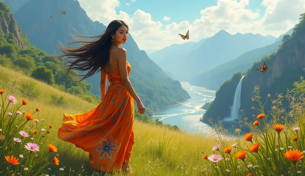 Beautiful Thai woman with sharp face walking on green grass field in the morning. She looks at the camera, her face full of smile, around her are colorful wild flowers blooming. She wears orange African dashiki dress, the background of mountains, waterfall...