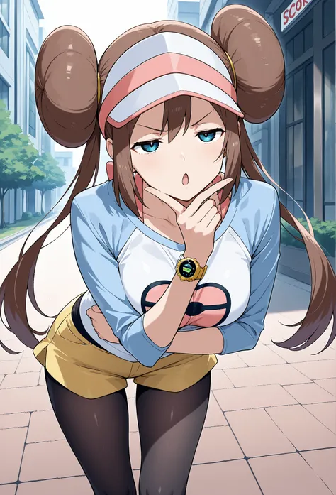 score_9, score_8_up, score_7_up, score_6_up, score_5_up, score_4_up, source_anime, aarosa, long hair, brown hair, double bun, twintails, visor cap, blue eyes, medium breasts, collarbone, pink bow, shirt, raglan sleeves, wristwatch, short shorts, yellow sho...