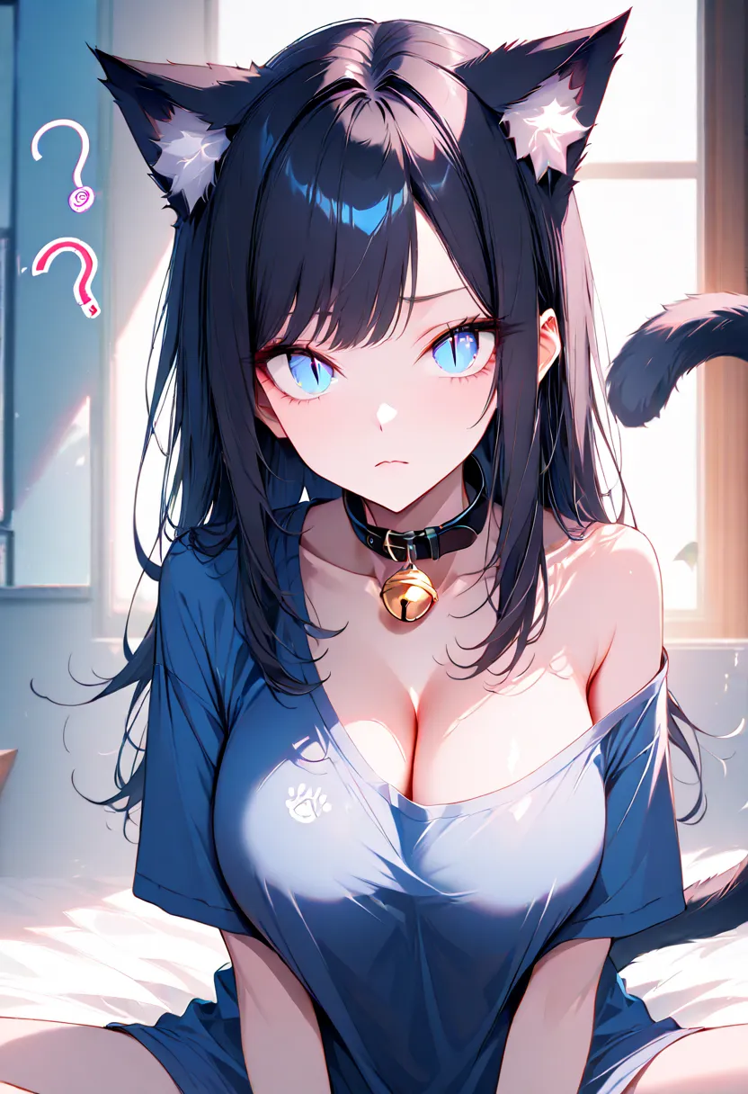 solo female, sitting on bed, oversized t-shirt, large breasts, young, blue eyes, slit pupils, straight long black hair, cat ears, cat tail, confused, morning, very cute, curvaceous, close up, cleavage, one bare shoulder, cat bell collar, close up, very lar...