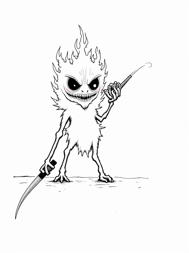 A ghostly creature with a fiery body and a disturbing face, holding a machete in one hand and a cigar in the other. The creature has a manic expression, with asymmetrical eyes and dark scars on its face. His design is influenced by DIY aesthetics, with a g...