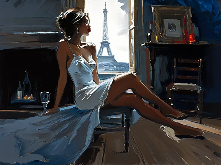 
(an expressive painting:1.3) by (Fabian Perez style:1.3) of a beautiful, very attractive , hourglass confident body shape , naked mulatto woman , Beneath a starry night, a serene scene unfolds as a woman in a red dress sits on a wooden chair with her feet...