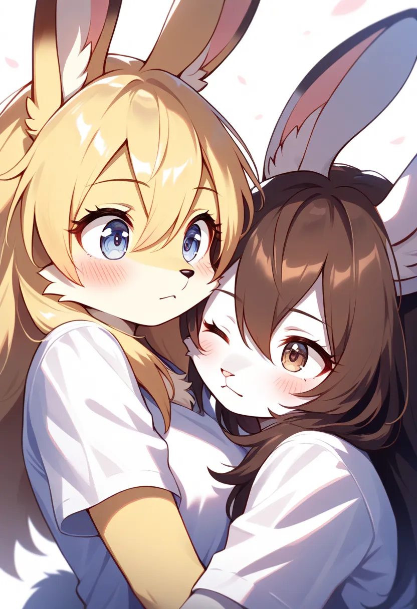 2girls, (furry, kemono:1.4), rabbit girls, animal nose, rabbit ears, multiple girls, shirt, yuri, white shirt, one eye closed, blue eyes, white background, short sleeves, simple background, closed mouth, brown hair, blonde hair, blush, upper body, long hai...