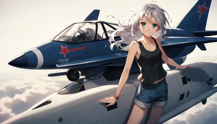 masterpiece, Top Quality, High Resolution, one girl, Silver Hair，1930s，Biplane on background，pilot suit，tank top，alone, girl with a bang， young woman，18 years old，long hair，smile，Chestが開いている，Chest、