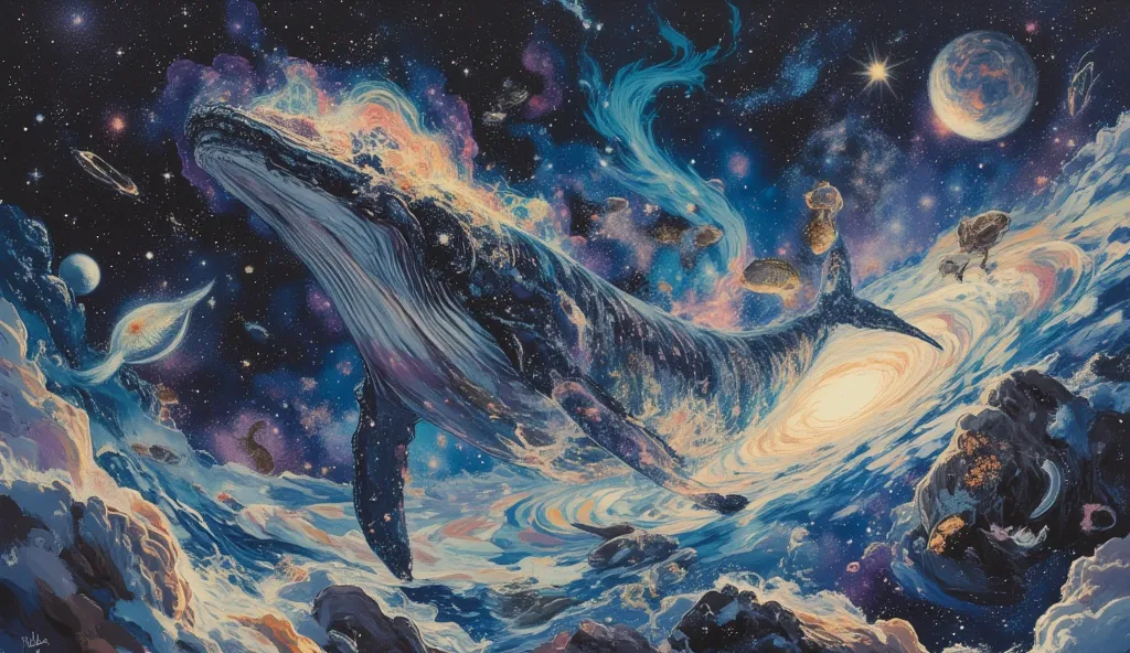 Illustration of a giant whale swimming in space, Un fondo de galaXias y estrellas々、Draw a planet,Emphasize the impression that the whale is swimming in space,A nebula background of colors and meteor showers,A fantastic and enchanting space painting,  surre...