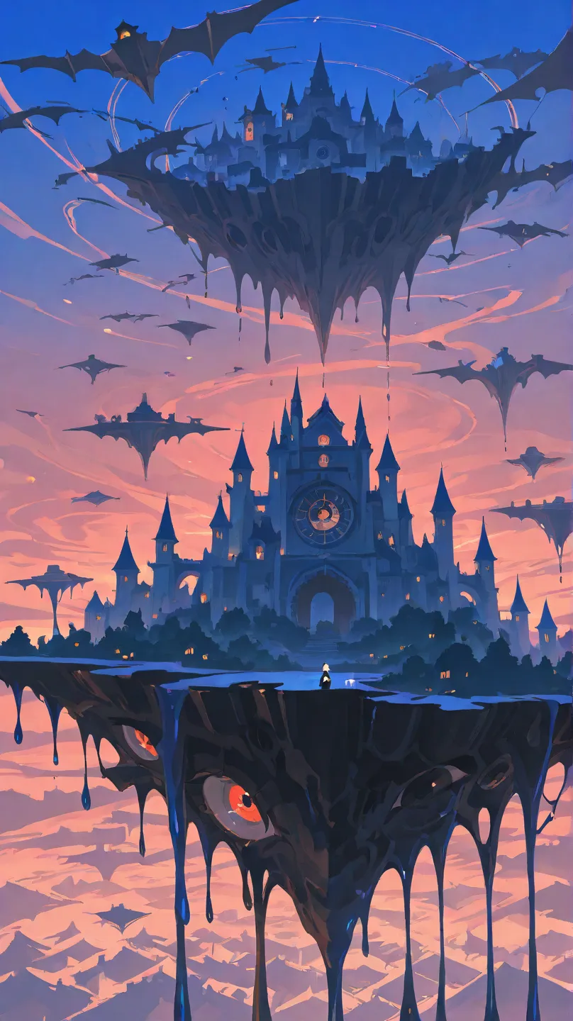 Bizarre landscapes meld reality and dreams, with floating islands, melting clocks, and twisted architecture defying logic in a kaleidoscope of surreal colors.