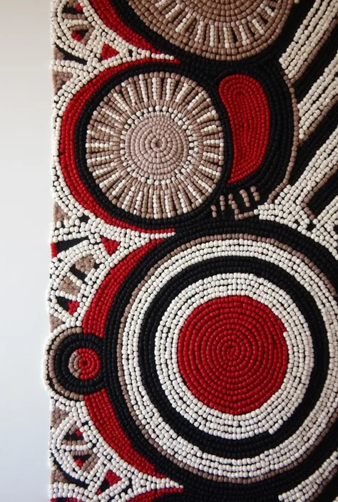 contemporary textile with circular designs fused with Guaranies and Tuahanacotas patterns in white, black and red colors to show off an avant-garde textile proposal