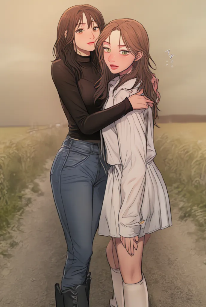 Two girls hugging, One with semi-wavy black hair, black eyes and a low-cut long sleeve black top, jean pants, black boots, The other with long, straight brown hair, green eyes, camisa oversized blanca,  barefoot, countryside