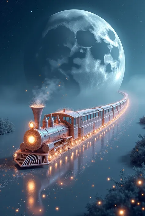  A dreamy train made of stardust moving toward the big moon.