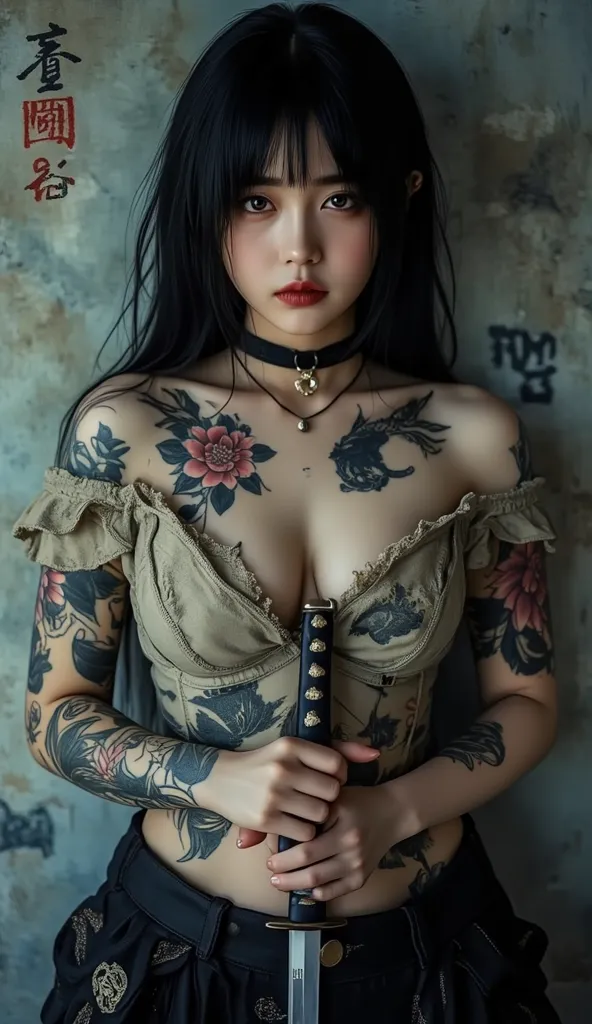 Naked Emo Asian Girl, plump, curvy, chubby, eye-catching tattoos, holding a katana in her right hand, Conceptual art, first-person view, UHD, Masterpiece, Accurate, super detail, high details, HD