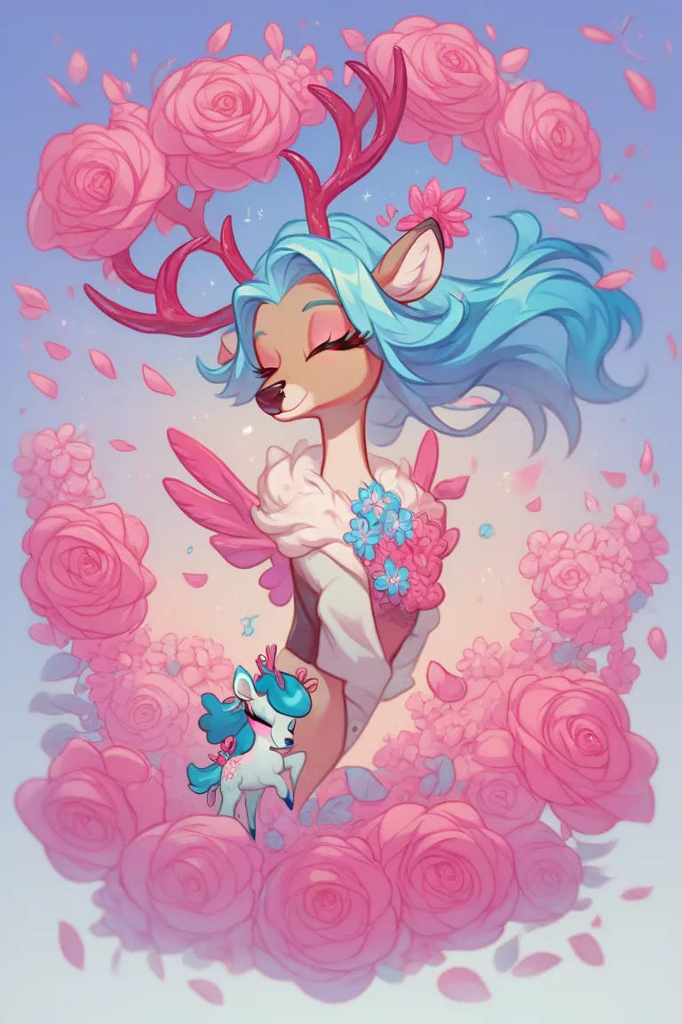 a woman with long, floating hair in the color blue shining like light with blossoming pink flowers,eyes closed,with deer antlers with various flowers,Your pose as if you were saying a prayer