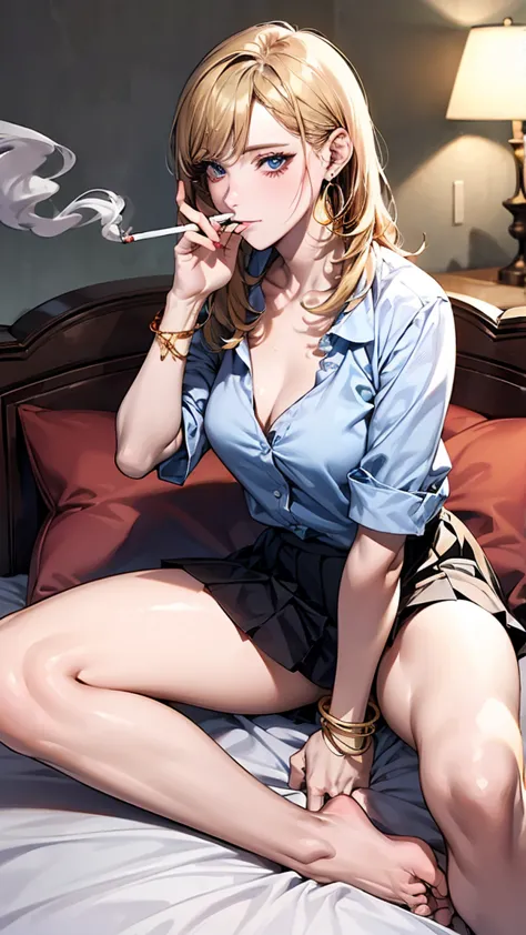  ( straight hair :1.8, Blonde with big face),super high resolution,sitting on bed, Roll up your sleeves  ,high school girl ,  ((Smoke a lit cigarette,Smoke from a cigarette,Drifting cigarette smoke )),pleated skirt,   panties ,  bedroom ,Indoor, natural li...