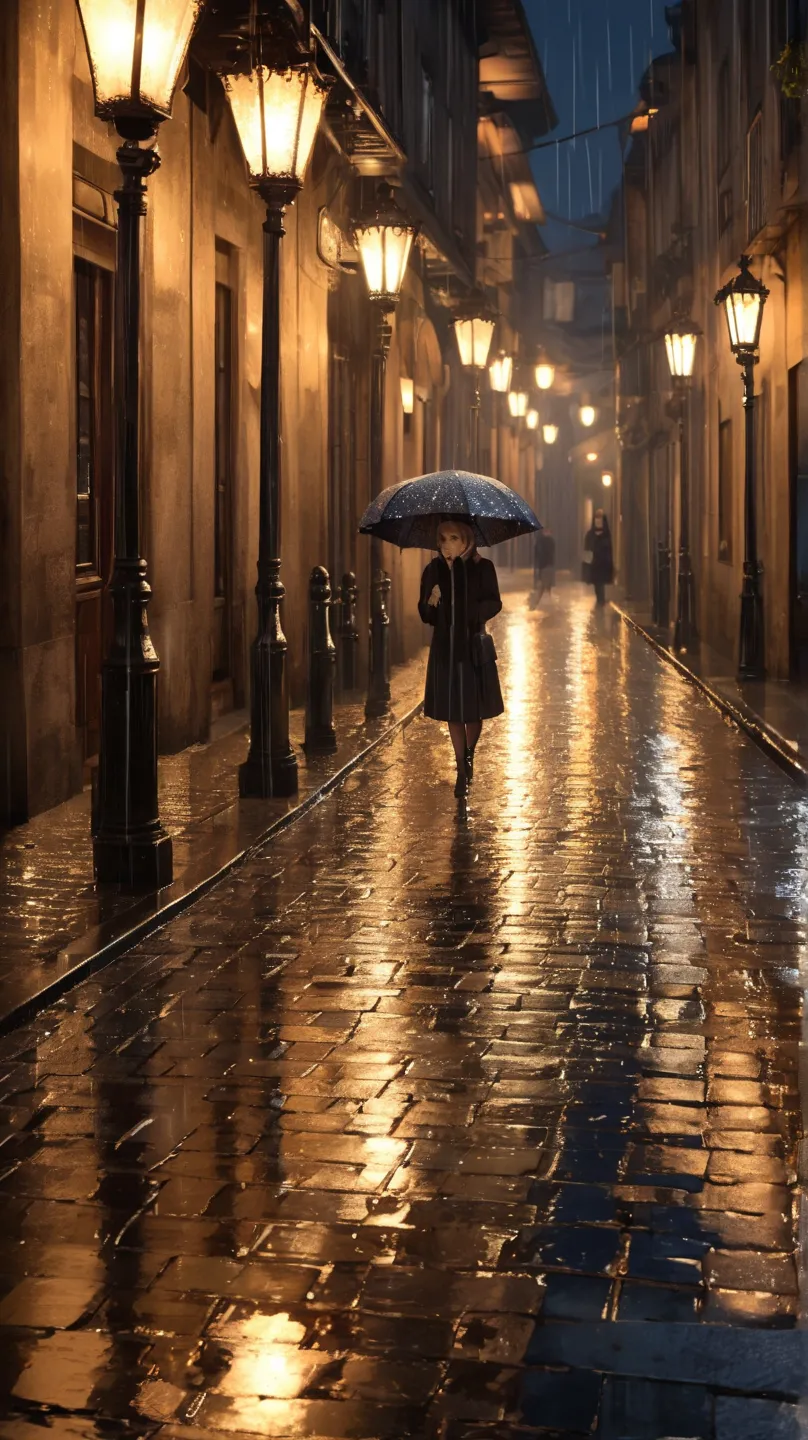 A delicate lace-trimmed umbrella left on a rain-drenched cobblestone street, glistening under the glow of an old-fashioned streetlamp. The soft reflection of the light on the wet stones adds a romantic and mysterious feminine touch to the night scene.