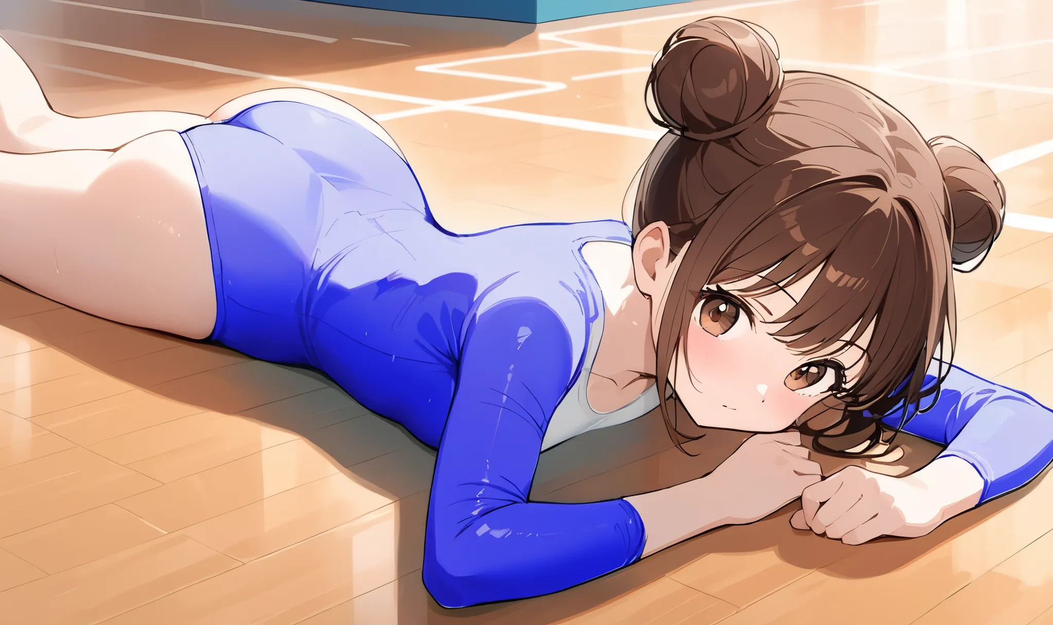 an anime cartoon  girl on a floor a long hair style, 1girl, athletic leotard, solo, leotard, hair bun, short hair, brown hair
, brown eyes, blue leotard, gymnastics, ass, prone, on stomach